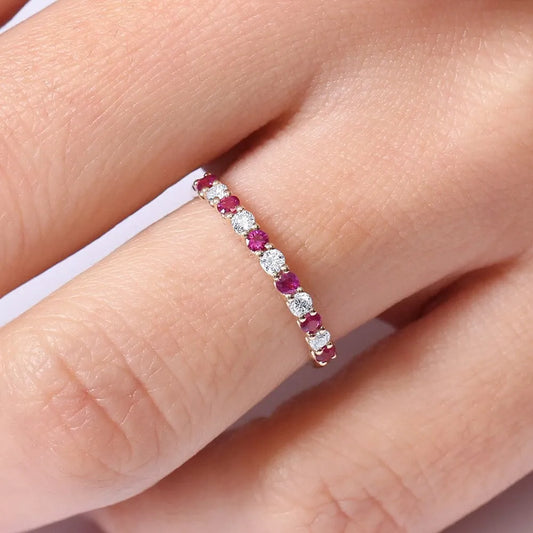 14k Gold Ruby and Diamond Round Cut Shared Prong Wedding Ring Band 0.43 ctw