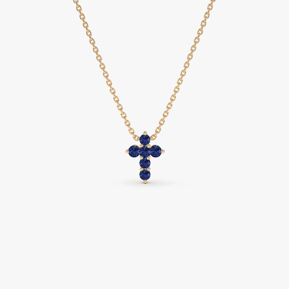 14k Solid Gold Round Sapphire Tiny Cross Pendant Necklace 0.20 Carat Prong Setting