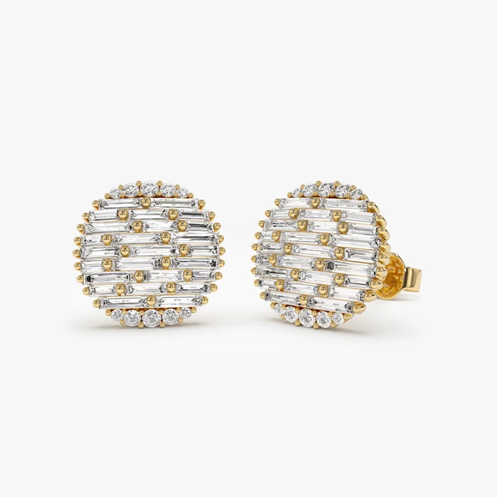 14k Gold Diamond Baguette and Round Needle Cut Statement Earrings 1.23 ctw