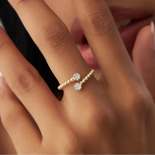 14k Solid Gold Round Diamond 0.14 ctw Beaded Open Bypass Illusion Ring