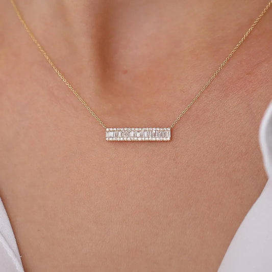 14K Solid Gold Baguette and Round Diamond Horizontal Bar Necklace 0.50ctw
