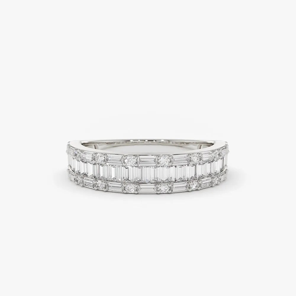 14K Solid Gold Baguette and Round Diamond 0.85 Carat Wedding Band