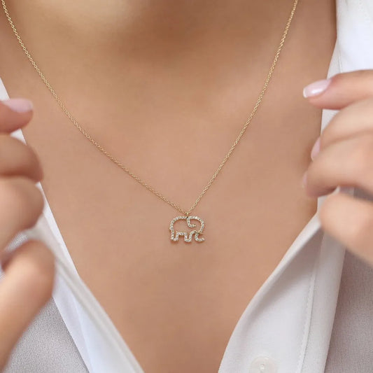 14K Solid Gold Round Diamond Micro Pave Elephant Charm Necklace 0.22ctw