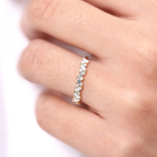 14K Gold 0.35 Carat Baguette and Round Diamond Slanted Prong Set Ring