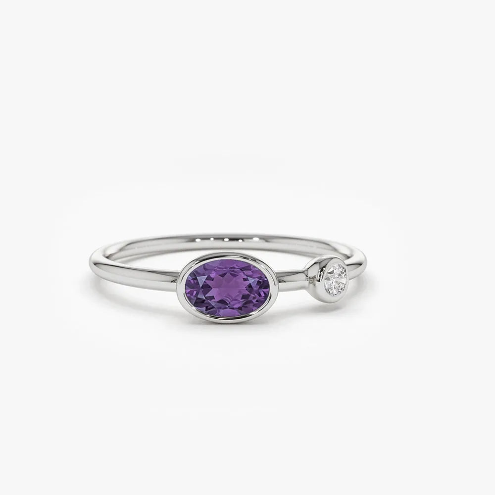 14K Solid Gold Oval Amethyst and Diamond 0.52ctw Bezel Set Ring