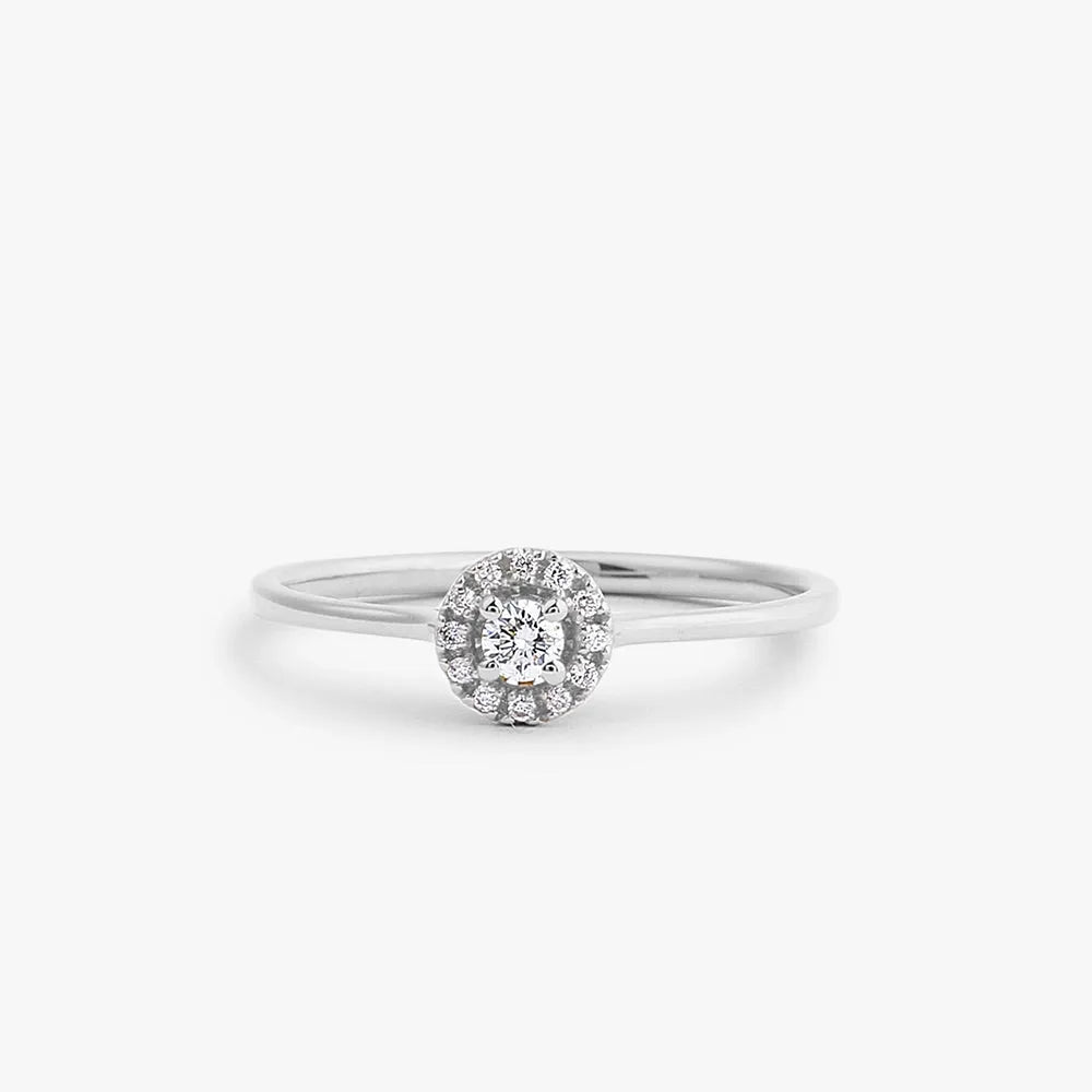 14K Solid Gold 0.12 Ctw Baguette and Round Diamond Micro Pave Halo Ring