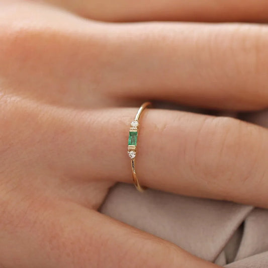 14K Gold Baguette Emerald and Round Diamond Ring 0.12 CTW Handcrafted Jewelry