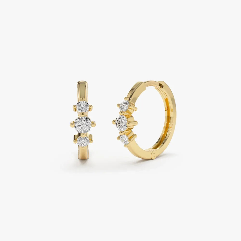 14k Gold Diamond Round Cut Three Stone Mini Huggie Earrings 0.23 ctw