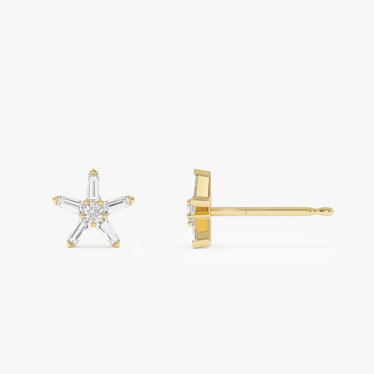 14k Gold Diamond Baguette and Round Cut Star Stud Earrings 0.45 ctw
