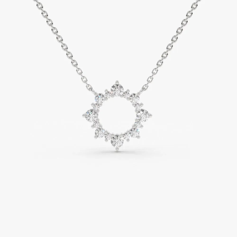 14K Solid Gold Round Diamond Sun Circle Pendant Necklace Prong Setting 0.43ctw