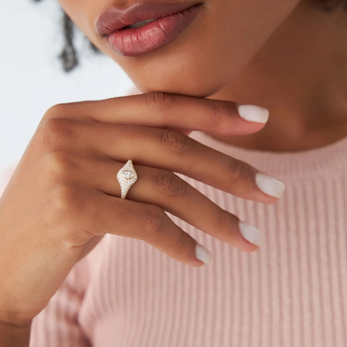 14k Solid Gold Marquise and Round Diamond 0.85 Carat Pave Setting Signet Ring