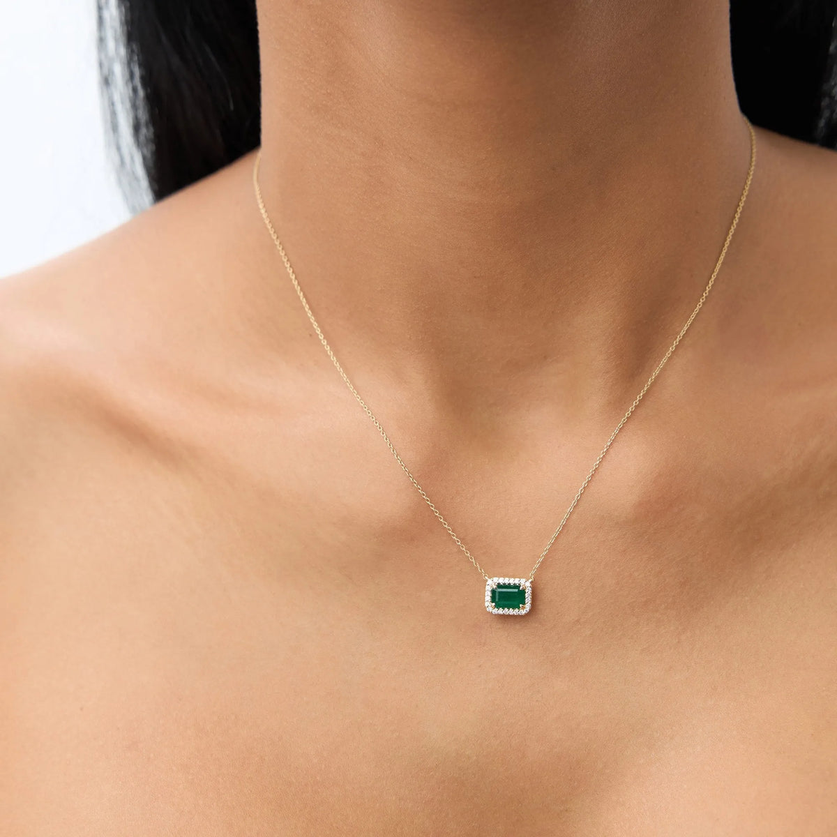 14k Solid Yellow Gold Octagon Emerald 1.02 CTW and Round Diamond 0.12 CTW Halo Pendant Necklace