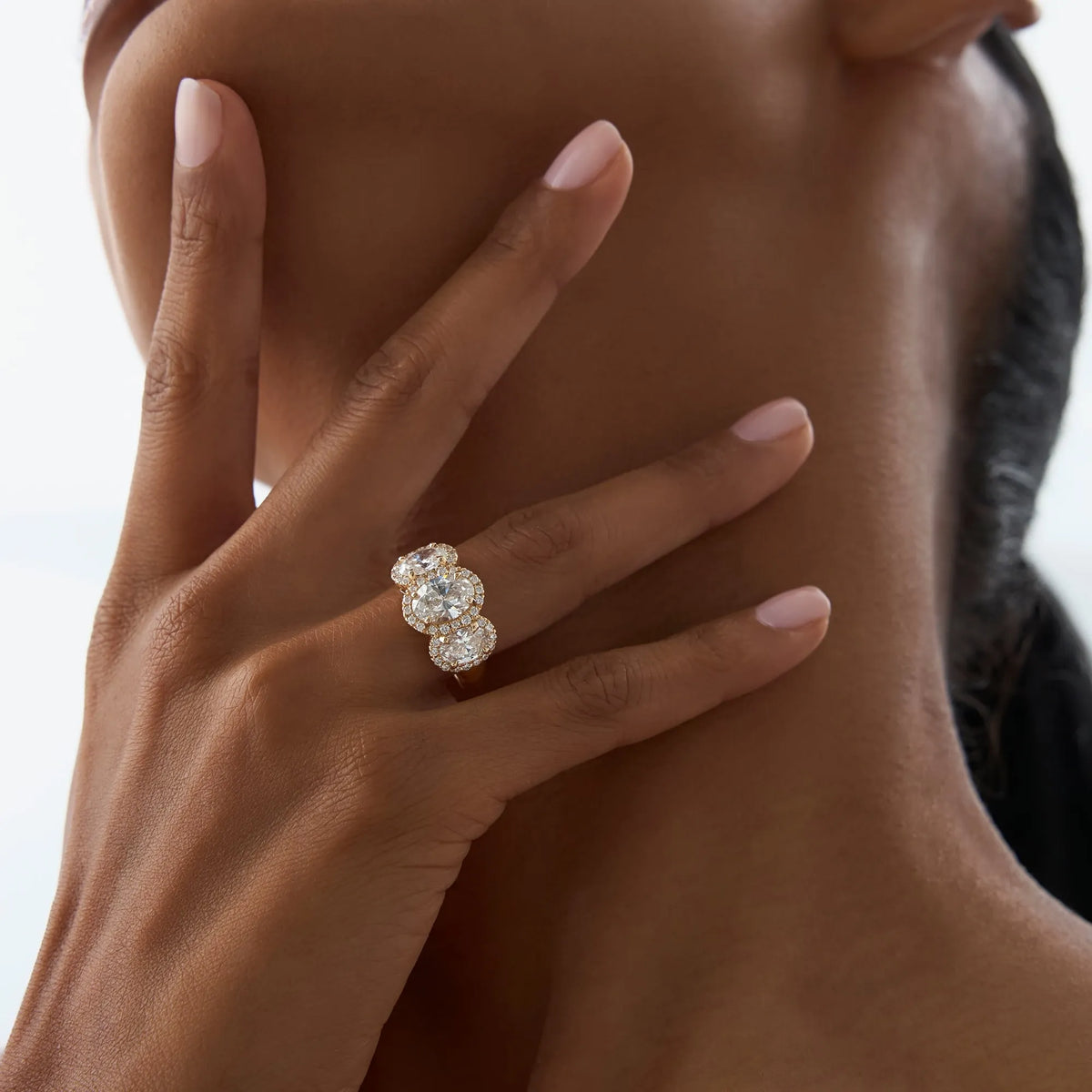 14K Gold 3.35 ctw Lab Grown Diamond Oval Cut Three Stone Halo Engagement Ring