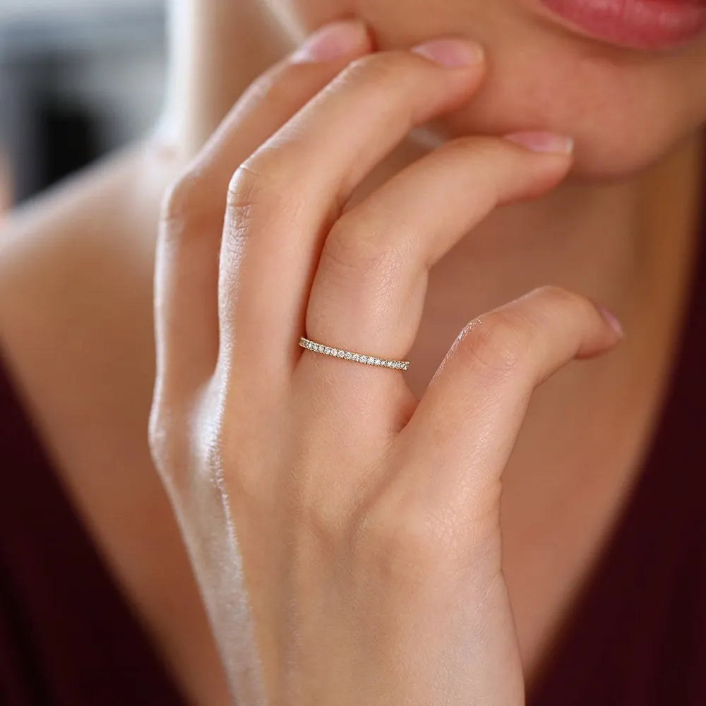 14K Gold Round Diamond Half Eternity Micro Pave Stackable Wedding Ring