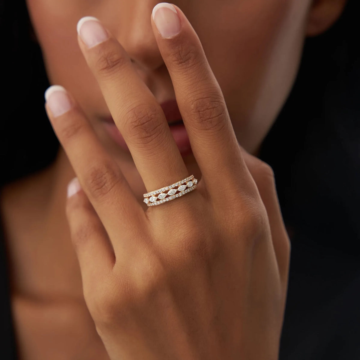 14k Solid Gold Marquise and Round Diamond 0.61 Carat Multi Band Ring
