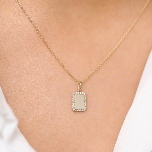 14K Solid Gold Round Diamond Tag Initial Personalized Necklace 0.18ctw