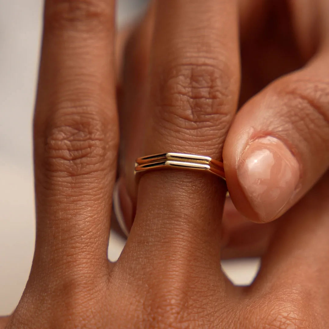 14k Gold Octagon Double Band Ring Wide Geometric Style