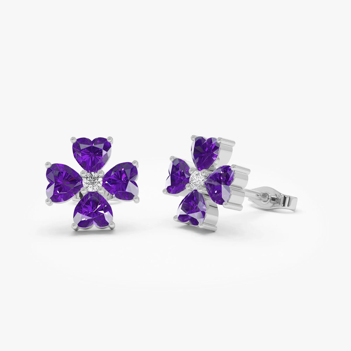 14K Solid Gold Heart Shaped Amethyst and Diamond Four Leaf Clover Stud Earrings