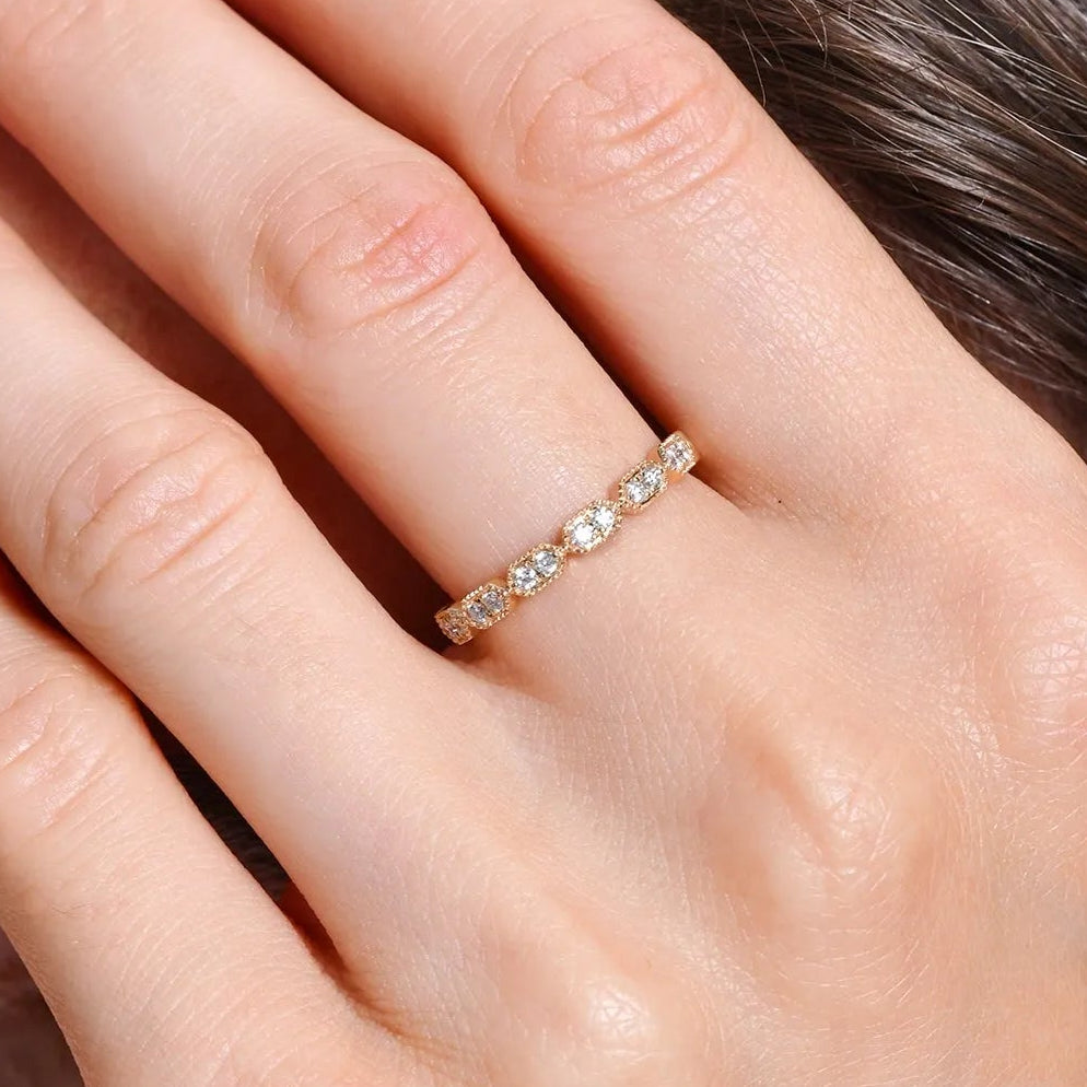 14k Gold Stacking Filigree Ring with 0.18 CTW Round Diamonds
