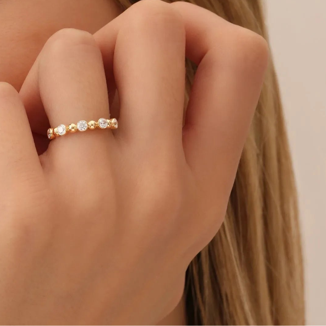 14k Gold Diamond Round Cut Alternating Beads and Bezel Setting Ring 0.50 ctw