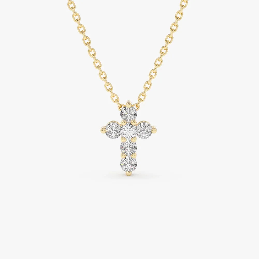 14K Solid Gold Round Diamond Large Cross Pendant Necklace Prong Setting 1.20ctw