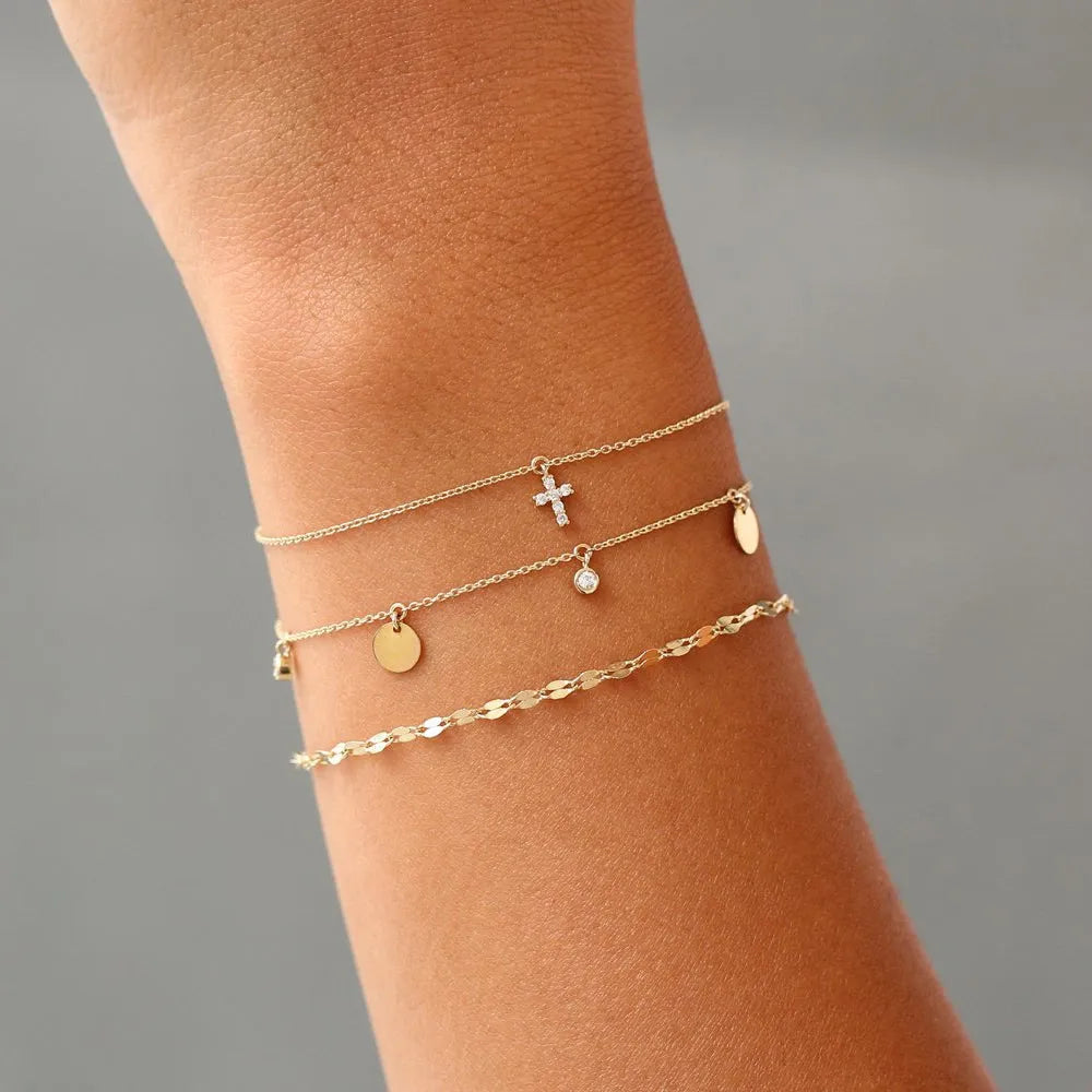 14K Solid Gold Round Diamond Cross Charm Bracelet 0.07 Carat