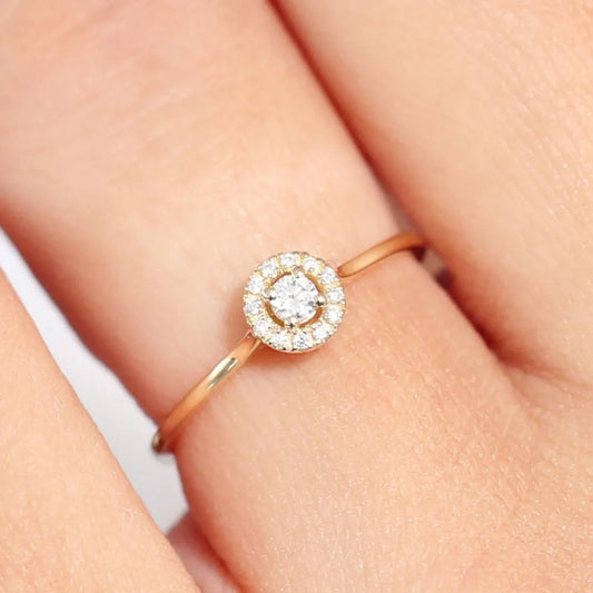 14K Solid Gold 0.12 Ctw Baguette and Round Diamond Micro Pave Halo Ring