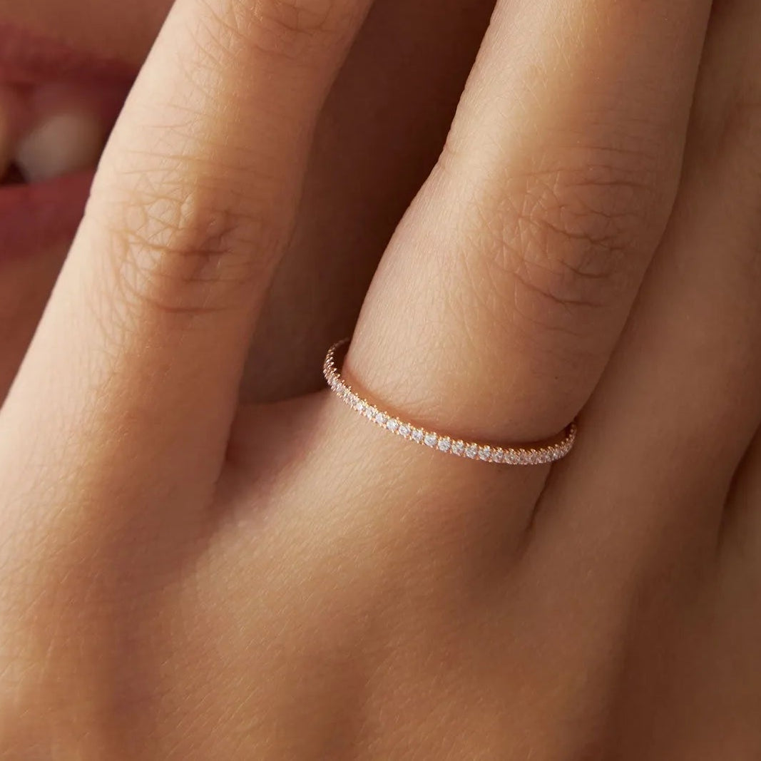 14K Gold Round Diamond 1mm Ultra Thin Micro Pave Eternity Wedding Band Stackable
