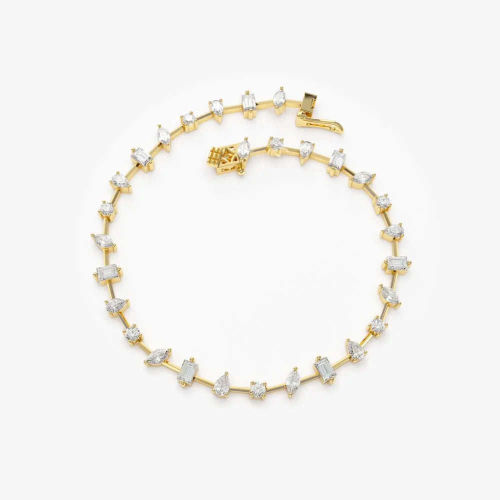 14K Solid Gold 1.98 CTW Round Baguette Marquise and Pear Diamond Multi-Shape Slant Bracelet