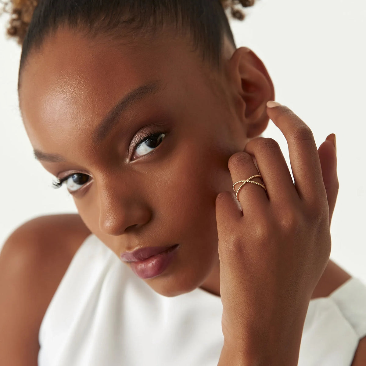 14k Solid Gold Beaded Band Criss Cross Statement Ring