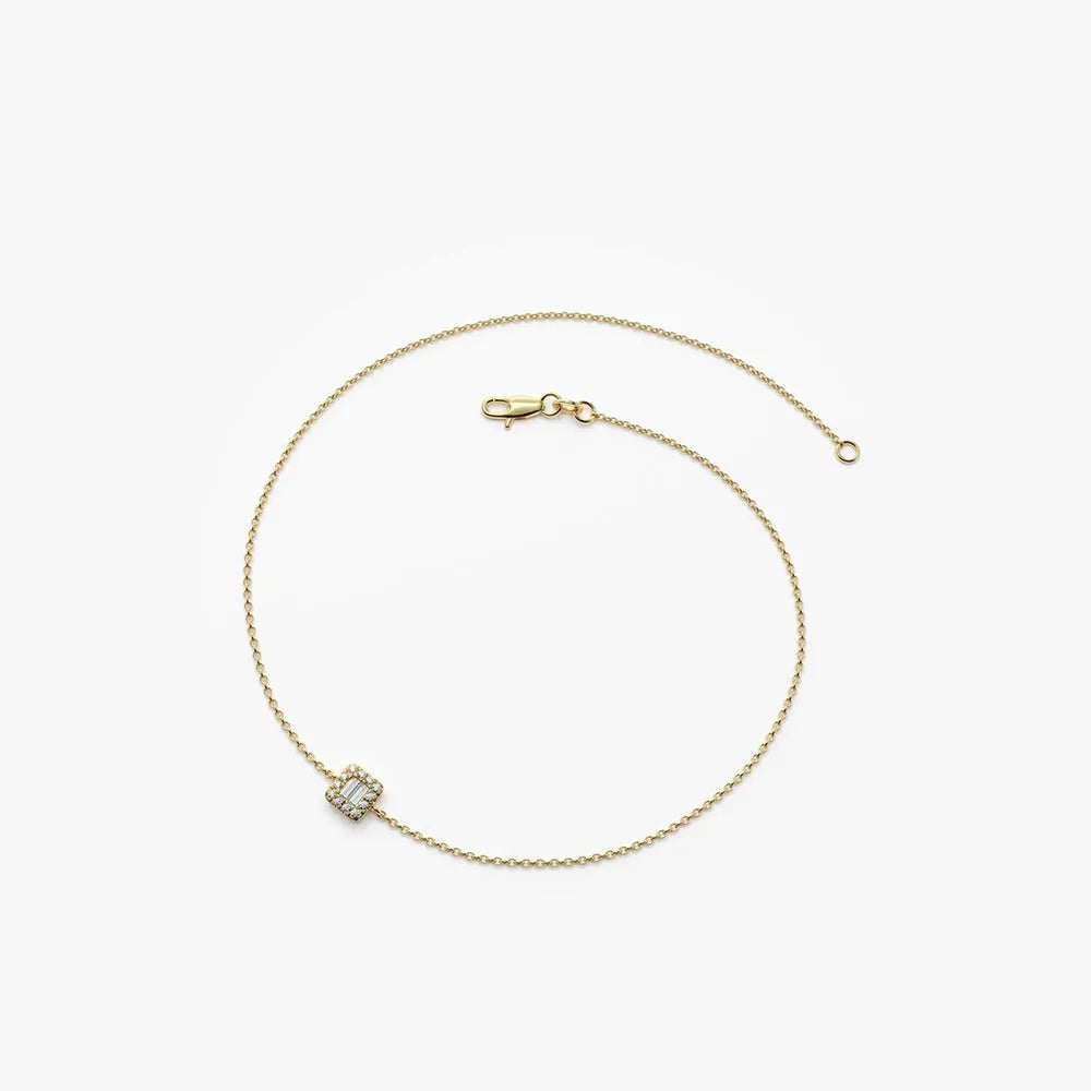 14K Solid Gold Baguette and Round Diamond Station Bracelet 0.10 Carat