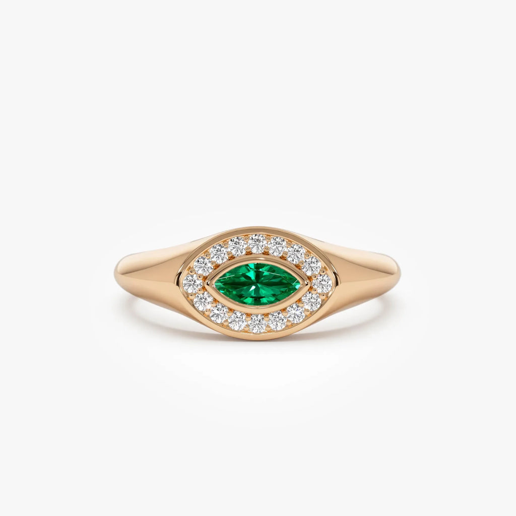 14K Gold Marquise Emerald and Round Diamond Halo Ring 0.31 CTW