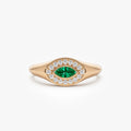 14K Gold Marquise Emerald and Round Diamond Halo Ring 0.31 CTW