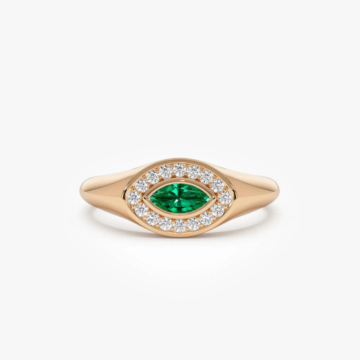 14K Gold Marquise Emerald and Round Diamond Halo Ring 0.31 CTW