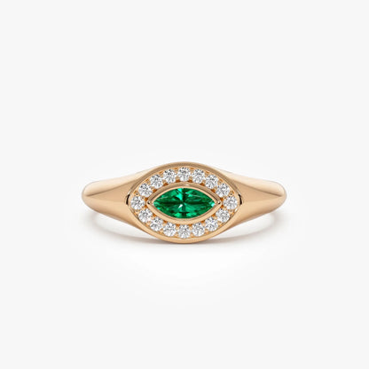14K Gold Marquise Emerald and Round Diamond Halo Ring 0.31 CTW