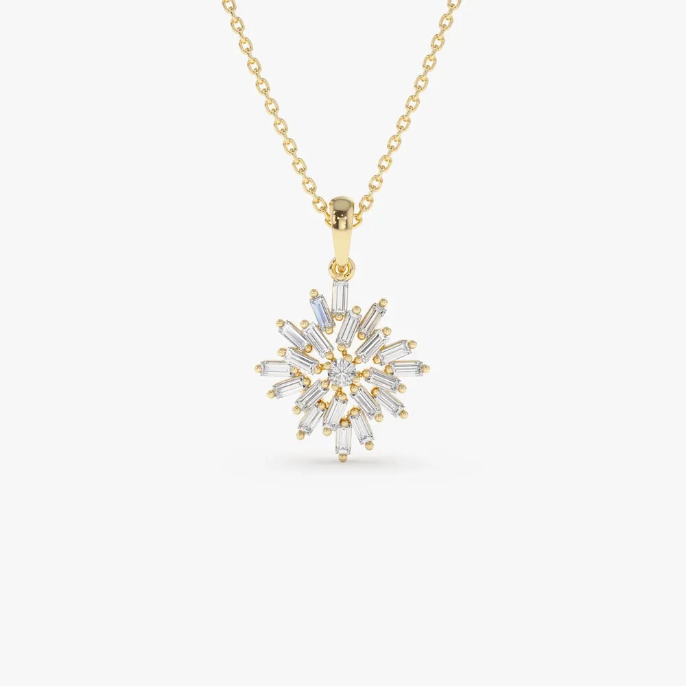14K Solid Gold Baguette and Round Diamond Cluster Pendant Necklace Prong Setting 0.56ctw