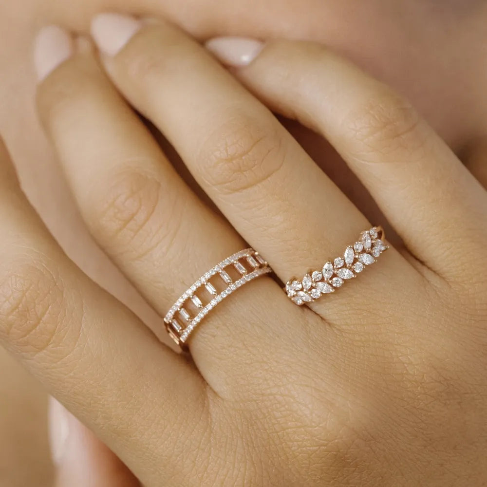 14K Gold Marquise and Round Diamond Two Row Ring