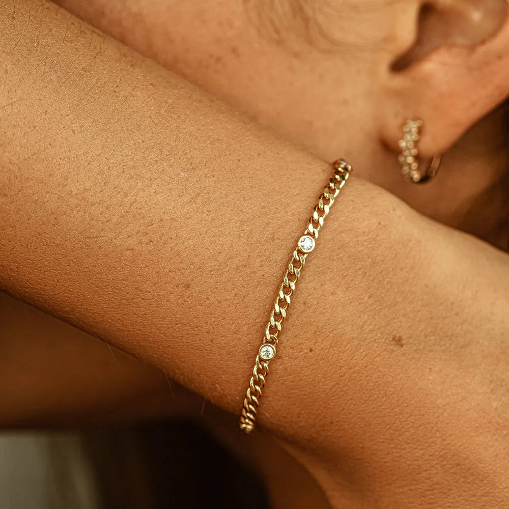 14K Solid Gold Lab Grown Diamond Round Bezel Cuban Link Chain Bracelet 0.6 Carat