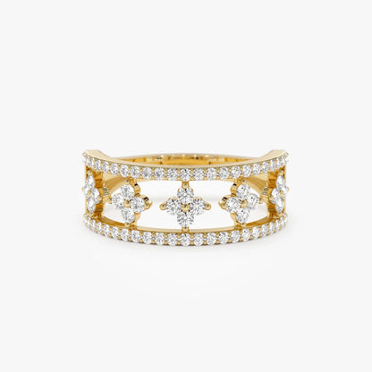 14K Solid Gold Round Diamond 0.54 Carat Double Row Pave Cluster Accents Ring