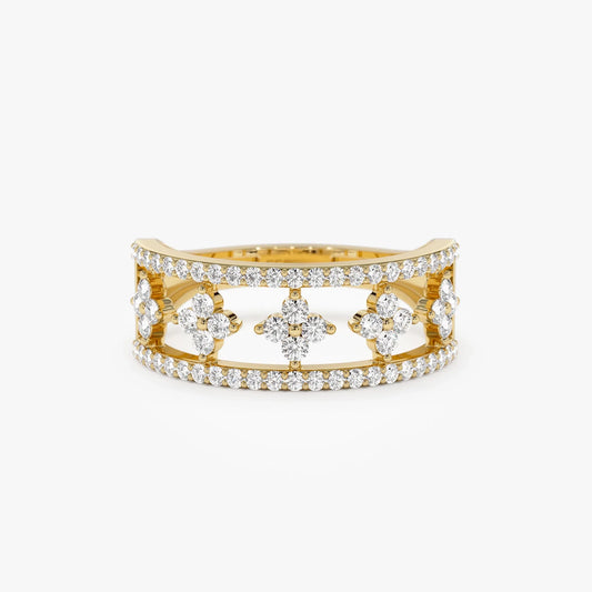 14K Solid Gold Round Diamond 0.54 Carat Double Row Pave Cluster Accents Ring