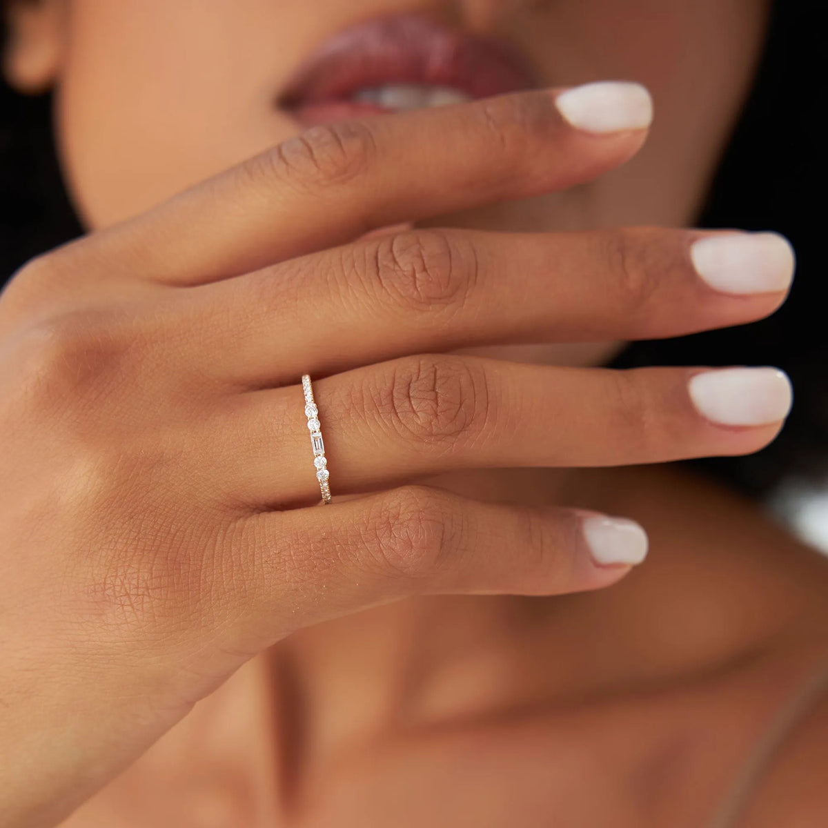 14K Gold Baguette and Round Diamond Stackable Ring 0.19 ctw