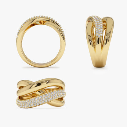 14k Solid Gold Round Diamond 0.40 Carat Triple Band Crossover Statement Ring