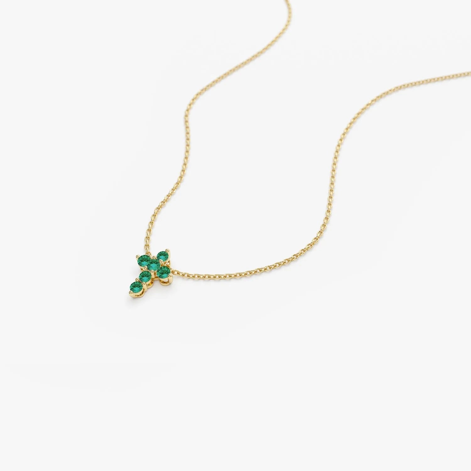 14k Solid Gold Round Emerald 0.18 CTW Tiny Cross Pendant Necklace Prong Setting