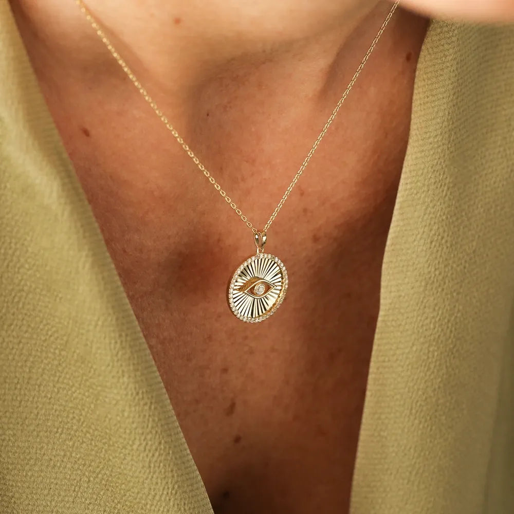 14K Solid Gold Round Diamond Evil Eye Medallion Disc Necklace 0.29ctw