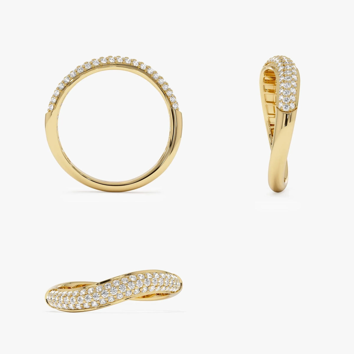 14K Solid Gold Round Diamond 0.40 Carat Three Row Pave Wave Ring