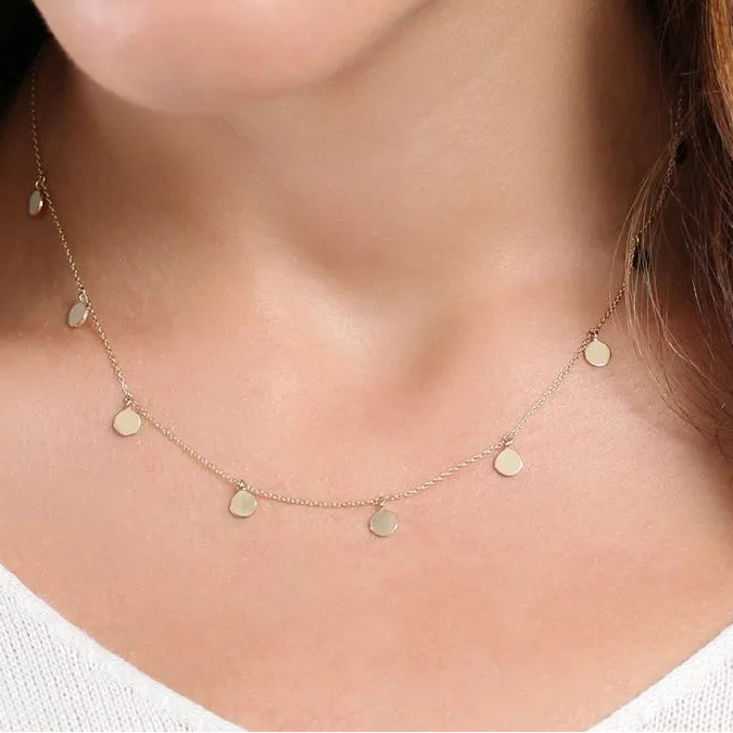 14k Solid Gold Round Coin Disc Choker Necklace with 9 Multi Discs
