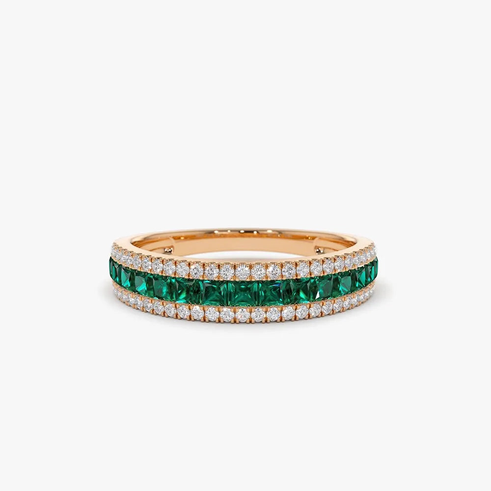 14K Gold Square Emerald and Round Diamond Half Eternity Band Ring 1.01 CTW