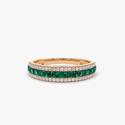 14K Gold Square Emerald and Round Diamond Half Eternity Band Ring 1.01 CTW