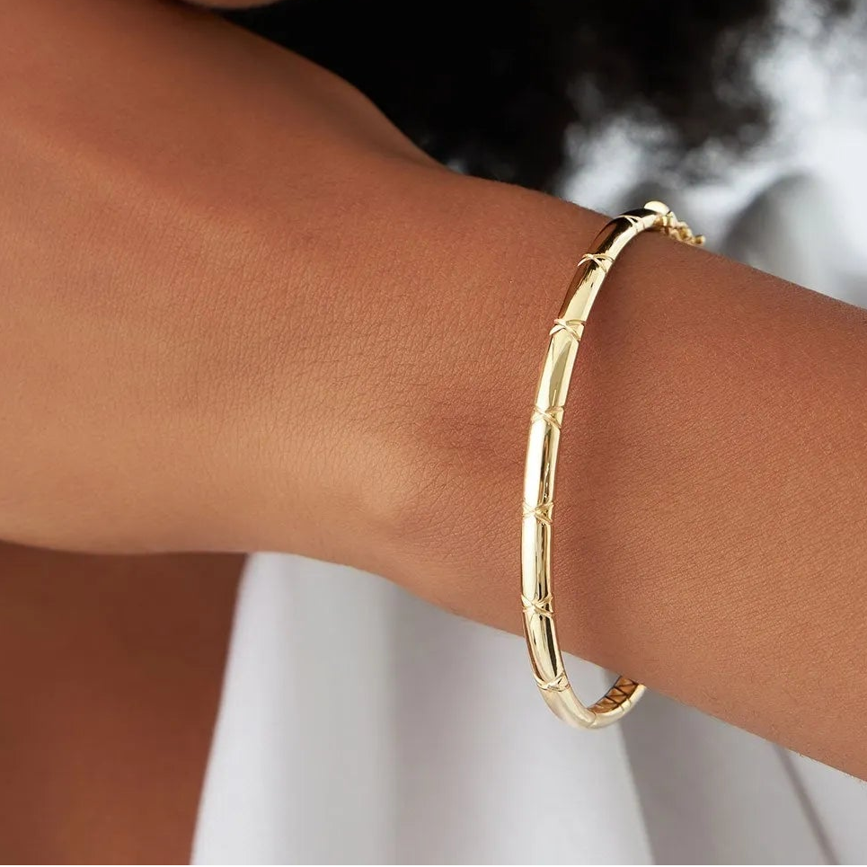 14K Gold 4MM Wide Dome X Cut Design Bangle Bracelet