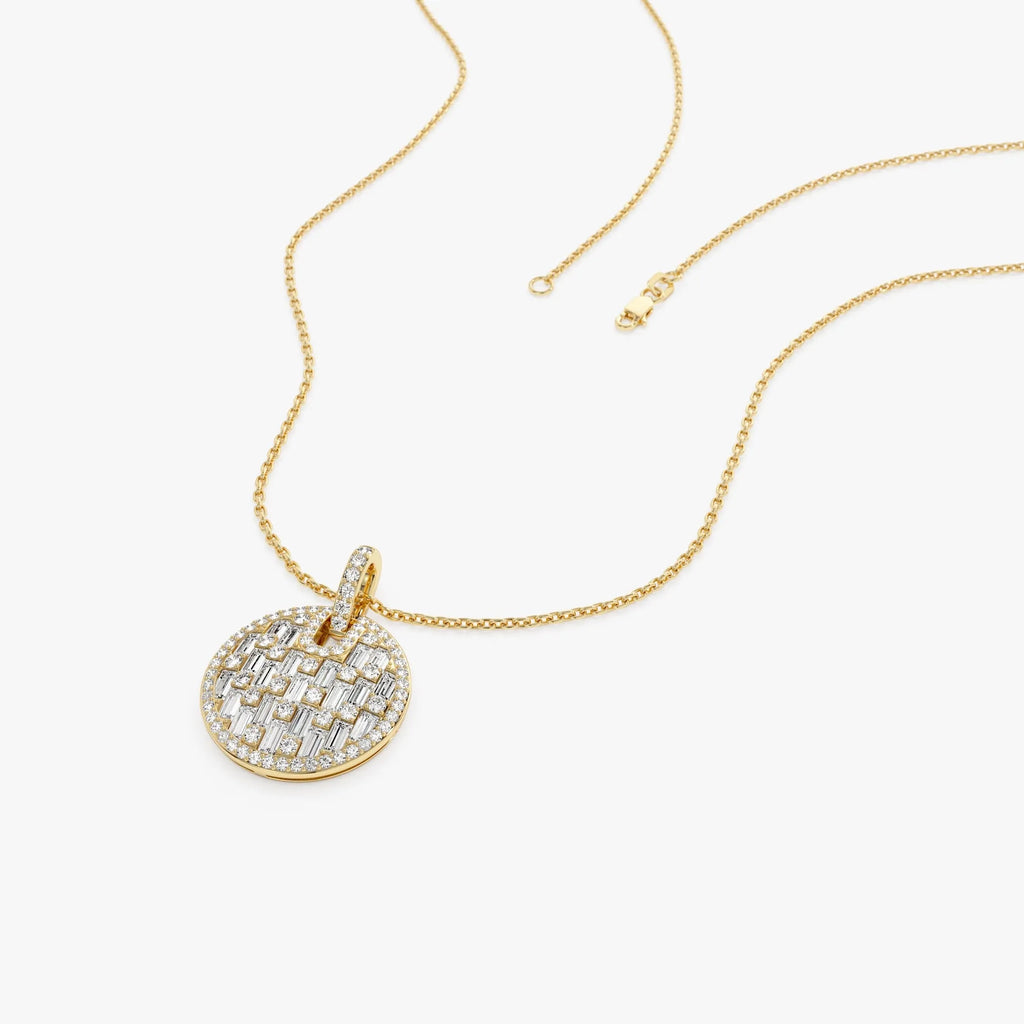 14K Solid Gold 0.80 CTW Baguette and Round Diamond Disc Necklace Prong Setting